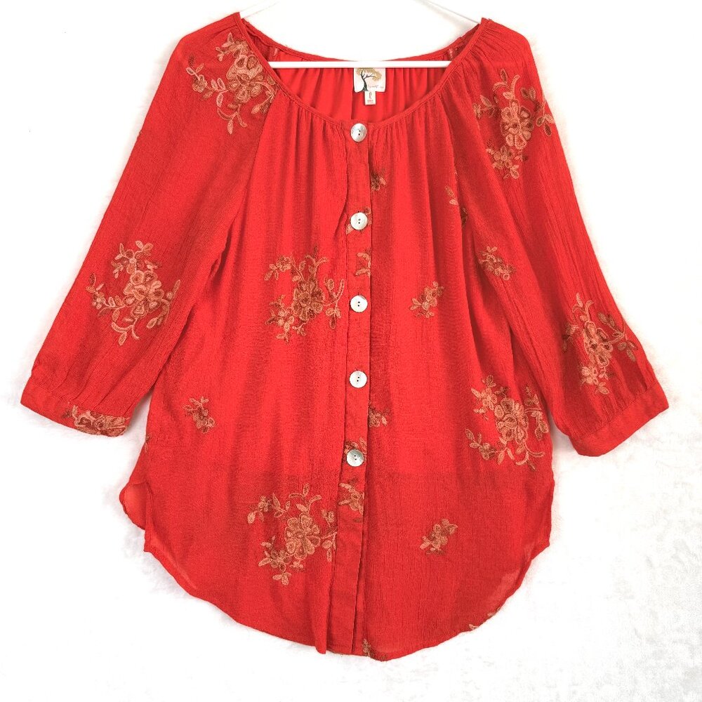 ANTHROPOLOGIE FIG & FLOWER Embroidered Floral Boho Lined Balloon Sleeves Tunic L